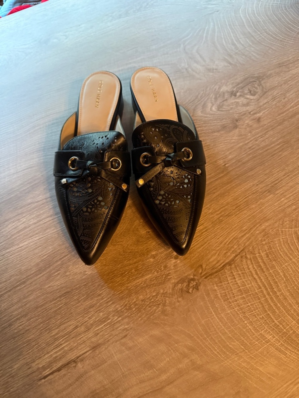 Cole Haan Black Pointed Emily Slip-On Mule with Embossed Pattern